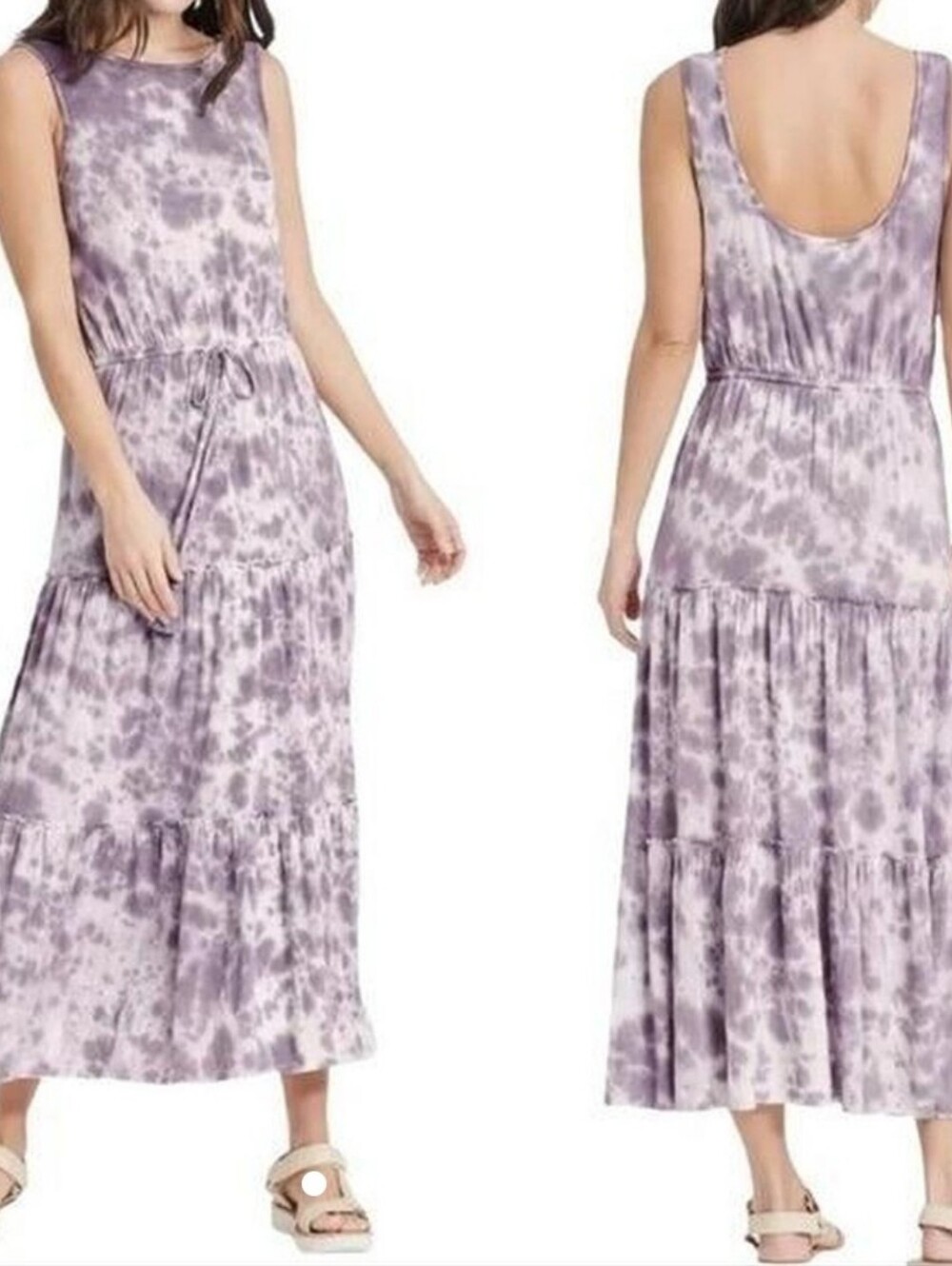Knox Rose Tie Dye Tiered Maxi Dress Size L Purple Boho Festival Waist Tie
